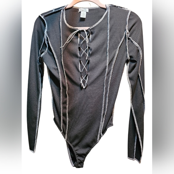 Rue21 Tops - Rue21 Black Ribbed Lace-Up Bodysuit with White Stitching, Sz M